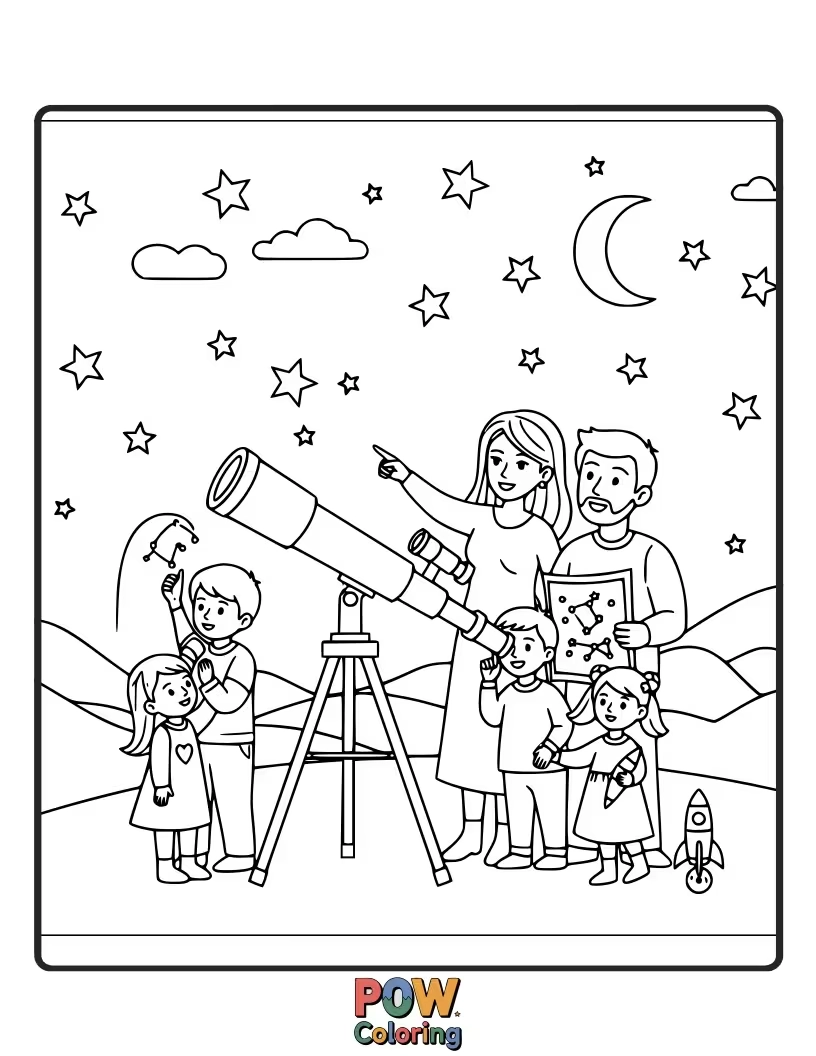 Free coloring page of A family is gazing at the stars using a telescope with their kids and having fun.