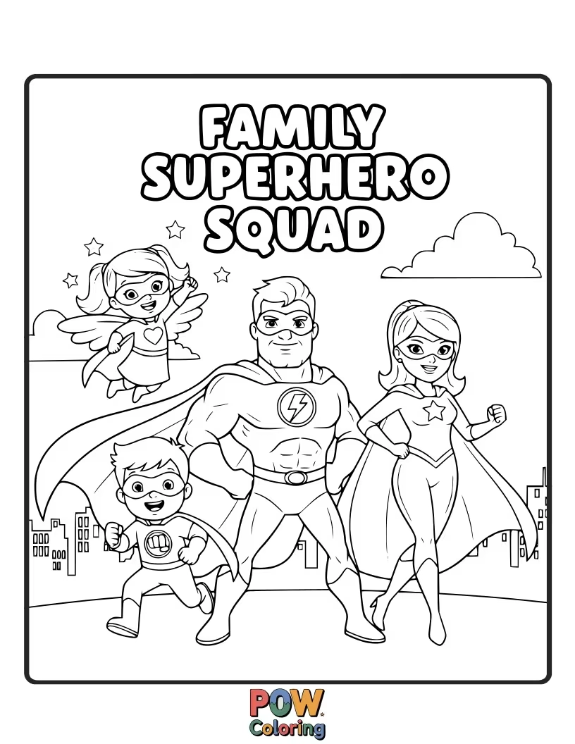 Free coloring page of A family dressed in homemade superhero costumes, ready for everyday heroic deeds.