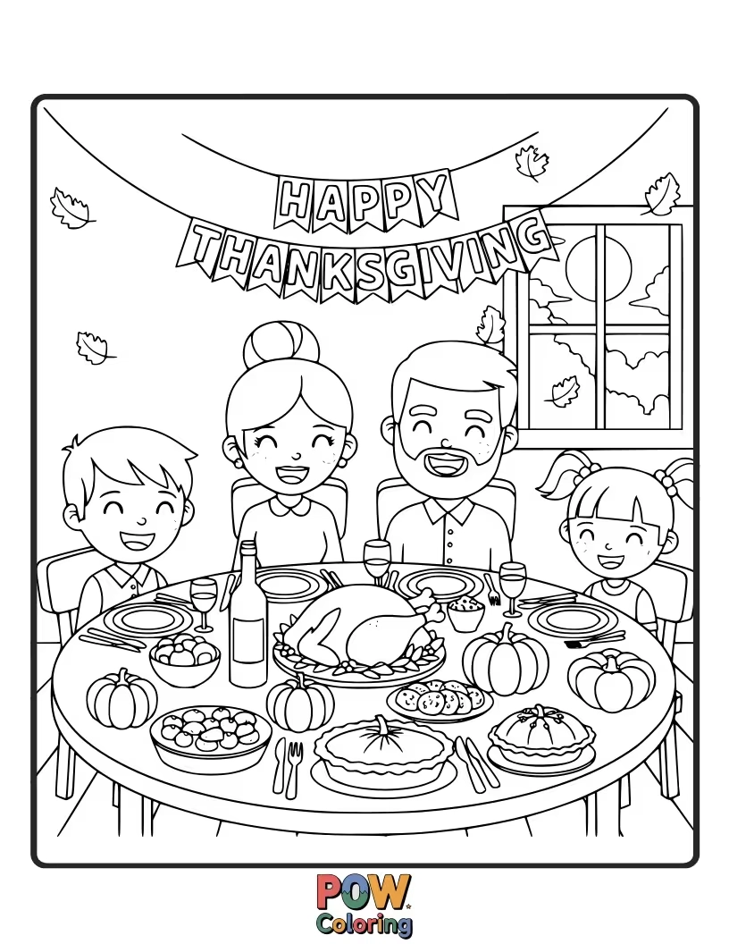Free coloring page of A grateful family sharing a table overflowing with funny-faced food and cheerful smiles.