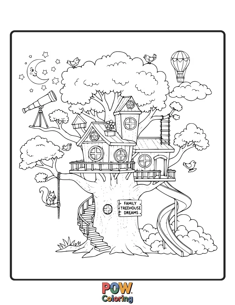 Free coloring page of A whimsical family building a magical treehouse complete with slides and happy animal visitors.