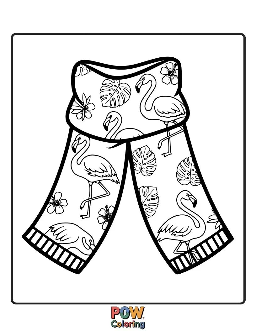 Free coloring page of A stylish flamingo elegantly draped in a vibrant, patterned scarf. Unleash your boldest and brightest color combinations.