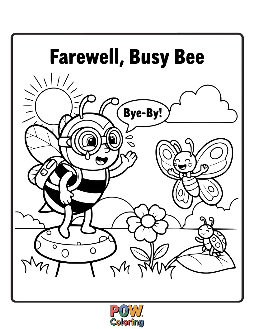 Free coloring page of A cheerful little bee with a tiny suitcase, buzzing away with a friendly wave and a smile.