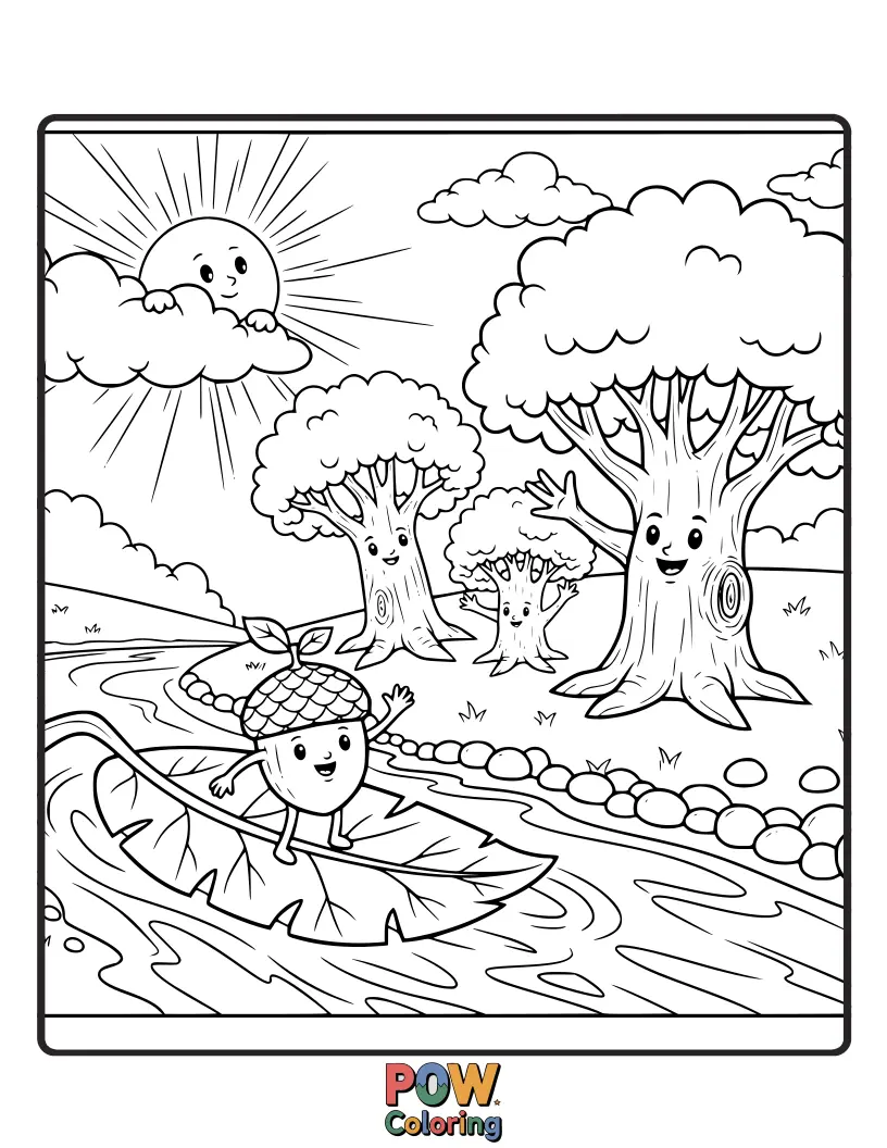 Free coloring page of An adorable, smiling acorn waving goodbye as it rolls off a branch, embarking on its own adventure.
