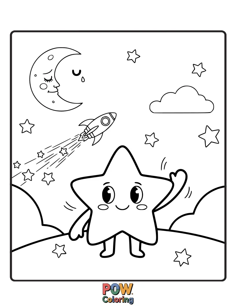 Free coloring page of A sweet depiction of a small, twinkling star waving goodbye to the viewer from a dark, starry sky. It's a gentle way to say farewell.