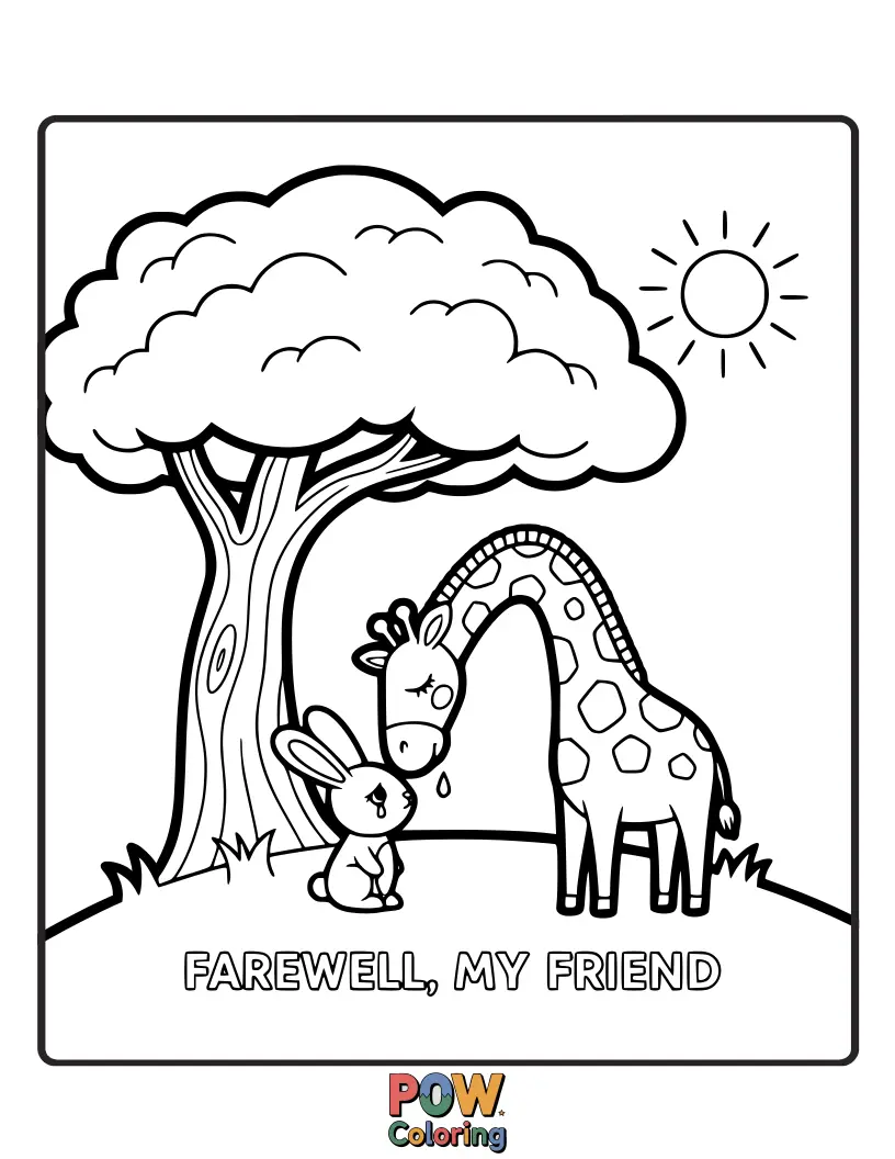 Free coloring page of A cute and simple illustration of two adorable animals waving goodbye, perhaps a fox and a bear, with little hearts floating around them.