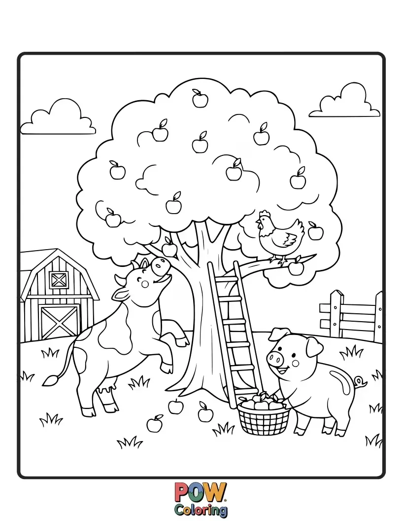 Free coloring page of A busy squirrel gathers apples while a friendly goat watches, both surrounded by harvest bounty and ready for color.