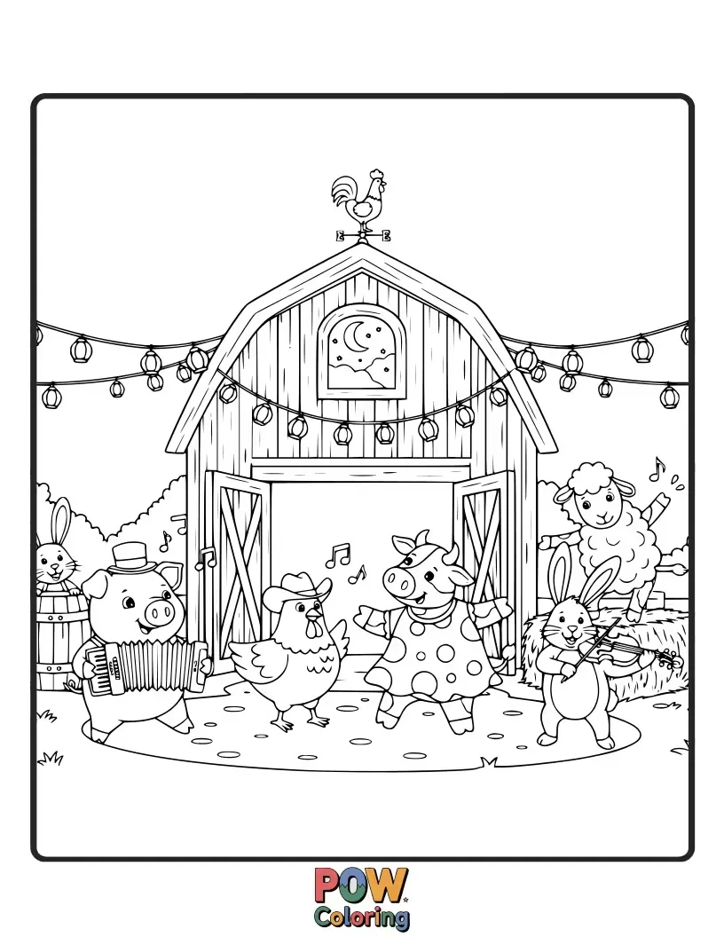 Free coloring page of A lively bunch of farm animals, including a dancing rooster and a swaying pig, ready to groove and get colorful.