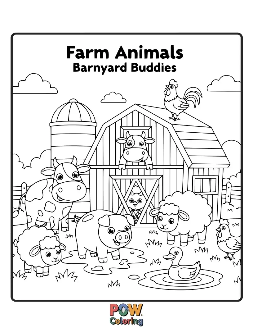 Free coloring page of A charming duckling, a fluffy bunny, and a playful kitten gather in a cozy barnyard, awaiting colorful personalities.