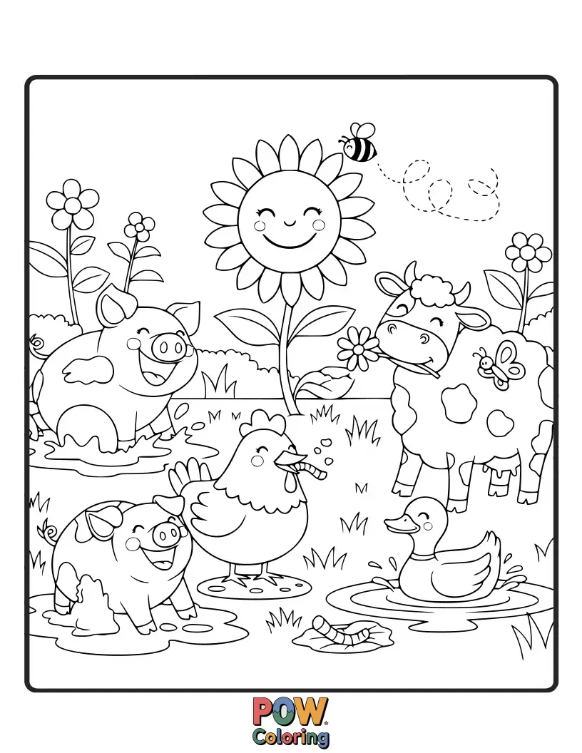 Free coloring page of A silly goose tells jokes to a laughing group of farm animals in a blooming garden, ready for colorful fun.
