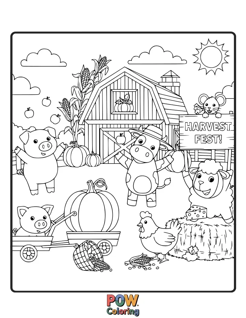Free coloring page of A festive scene with farm animals celebrating a harvest, featuring corn stalks, pumpkins, and bountiful food, ready for color.