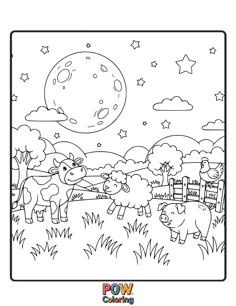 Free coloring page of A majestic horse grazes peacefully in a moonlit meadow, surrounded by fireflies, a serene scene to color.