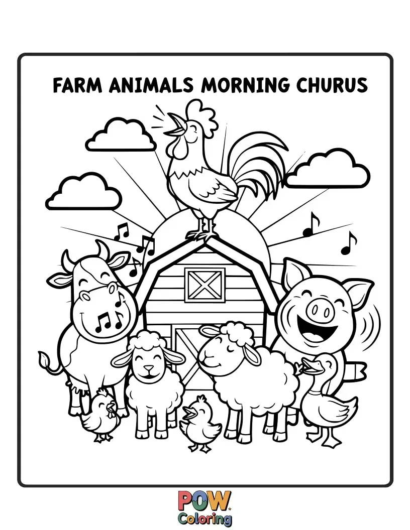 Free coloring page of A proud rooster crows at sunrise, joined by other singing farm animals, ready to greet the day with color.