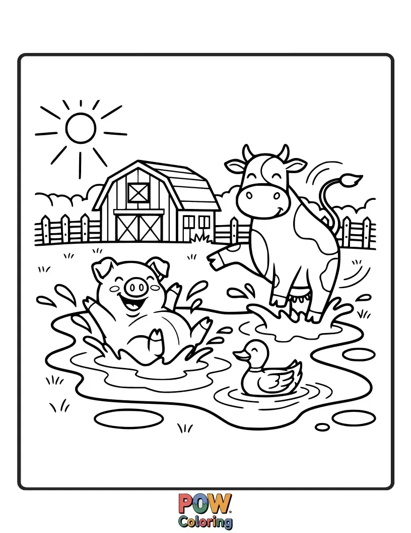 Free coloring page of A giggling piglet joyfully splashes in a muddy puddle, surrounded by other happy farm animals enjoying the messy fun.