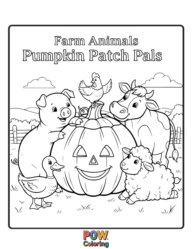 Free coloring page of A playful group of farm animals enjoys the autumn magic of a pumpkin patch, ready for a colorful fall adventure.