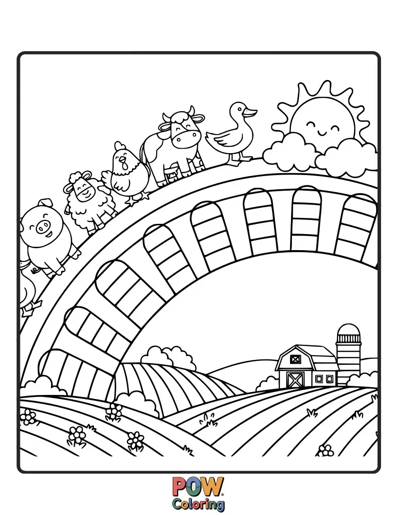 Free coloring page of A curious fox crosses a beautiful rainbow bridge towards a cheerful barnyard, a magical journey to color.