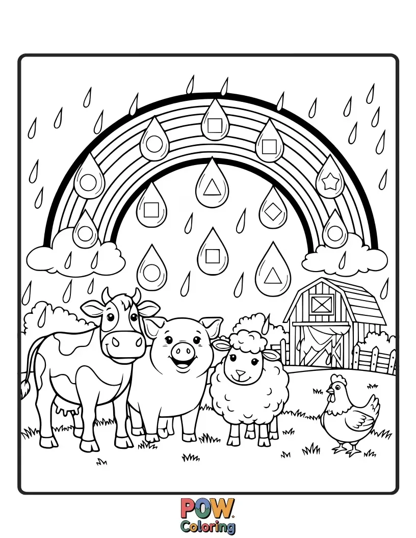 Free coloring page of A happy farm animals poses in colorful raindrops, surrounded by smiling farm animals, a joyful, whimsical scene to color.