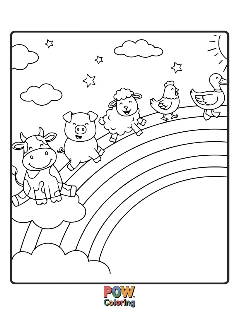Free coloring page of A playful pony gives a happy duckling a ride on its back as they gallop across a vibrant rainbow, a colorful journey.
