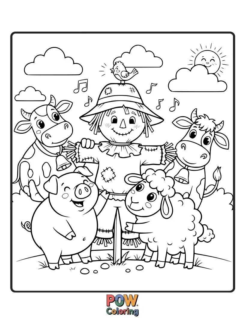 Free coloring page of A friendly scarecrow is surrounded by his favorite farm animal companions, all eager for a splash of color.
