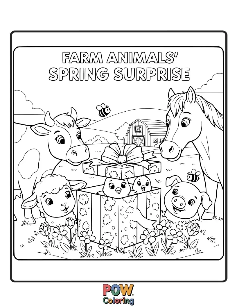 Free coloring page of A mother hen proudly displays her fluffy chicks amidst blooming flowers and a busy bumblebee, a delightful spring scene.