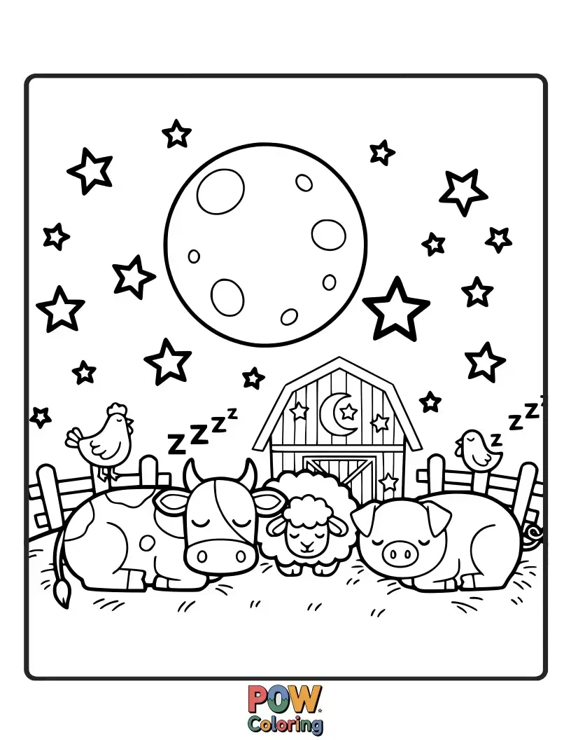 Free coloring page of A flock of sheep peacefully sleeps under a blanket of stars, with a wise owl observing from a moonlit tree.