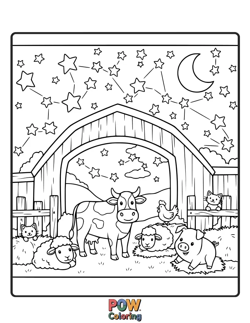 Free coloring page of A majestic horse dreams under a starry stable ceiling, with gentle glow from lanterns, ready for a peaceful coloring.