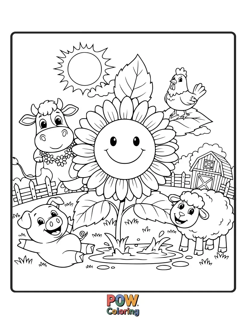 Free coloring page of A happy piglet with a sunflower hat beams amidst giant sunflowers, inviting colorful creativity.