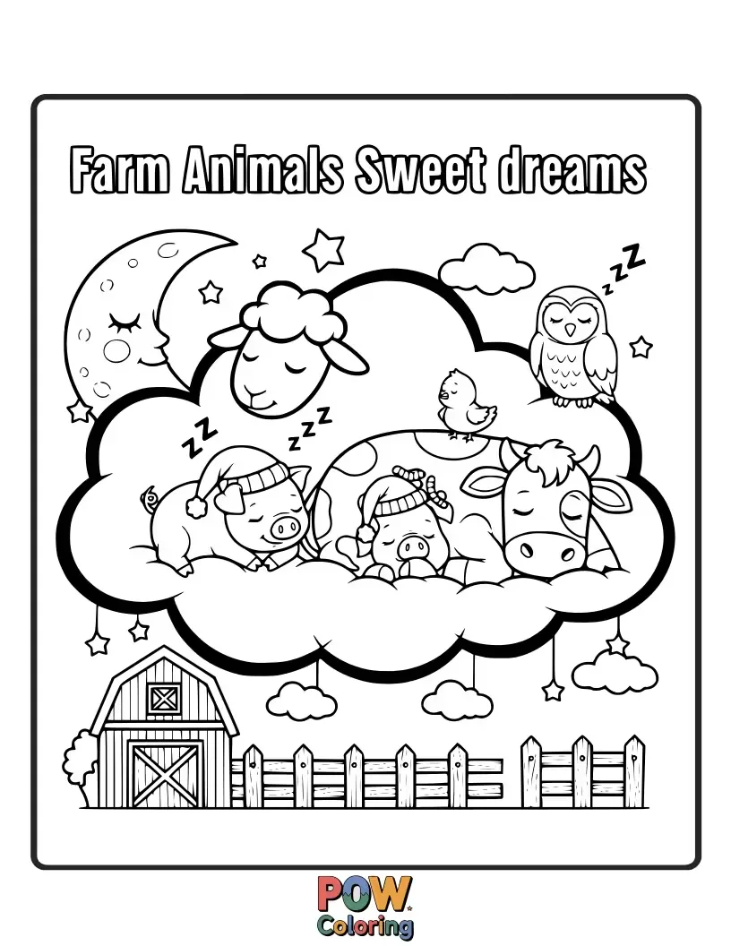 Free coloring page of Snuggly baby chicks, a sleepy kitten, and a gentle lamb nestle together under a starry sky, waiting for colorful slumber.