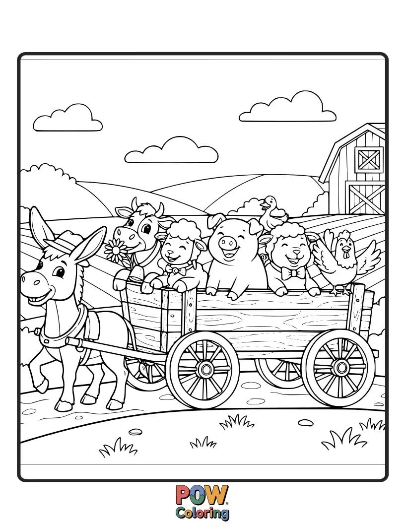 Free coloring page of A group of cheerful farm animals enjoys a bumpy ride in a vintage wagon, ready to be brought to life with color.