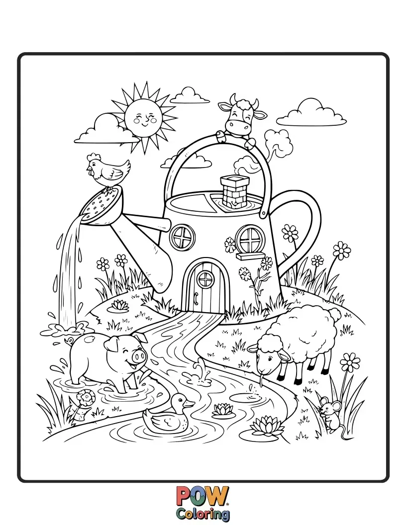 Free coloring page of A curious calf peeks out from behind a giant watering can, looking for color to brighten its day.
