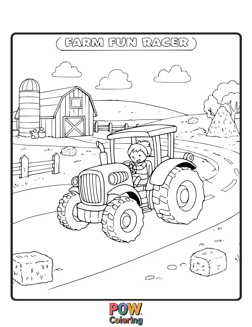 Free coloring page of A friendly farm-themed race car, perhaps made from tractor parts, speeding through a countryside setting.