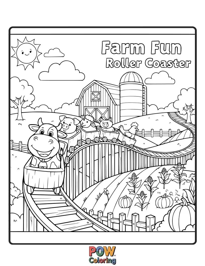 Free coloring page of Join the farm animals on this charming roller coaster, winding past barns and fields of crops.