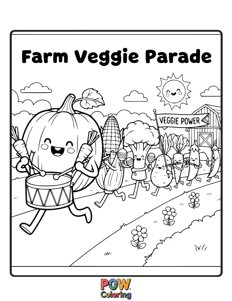 Free coloring page of A procession of cheerful vegetables with faces, marching happily through a fertile farm field.
