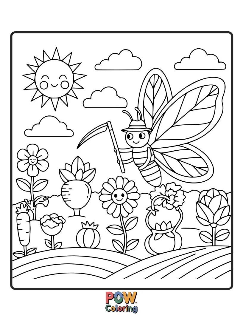 Free coloring page of A hardworking butterfly with wheat-ear wings, gathering ripe berries and delicious fruits from a bountiful field.