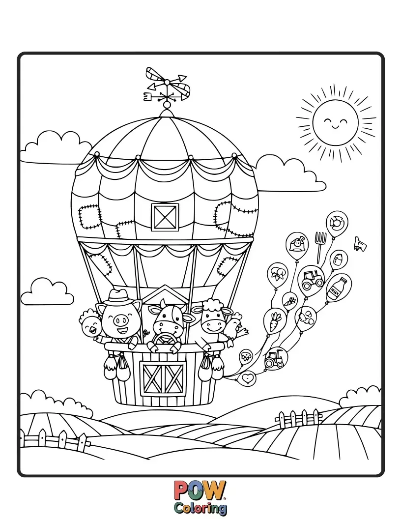 Free coloring page of Cute farm animals like pigs and chickens peeking out of charming hot air balloons over a peaceful farm.