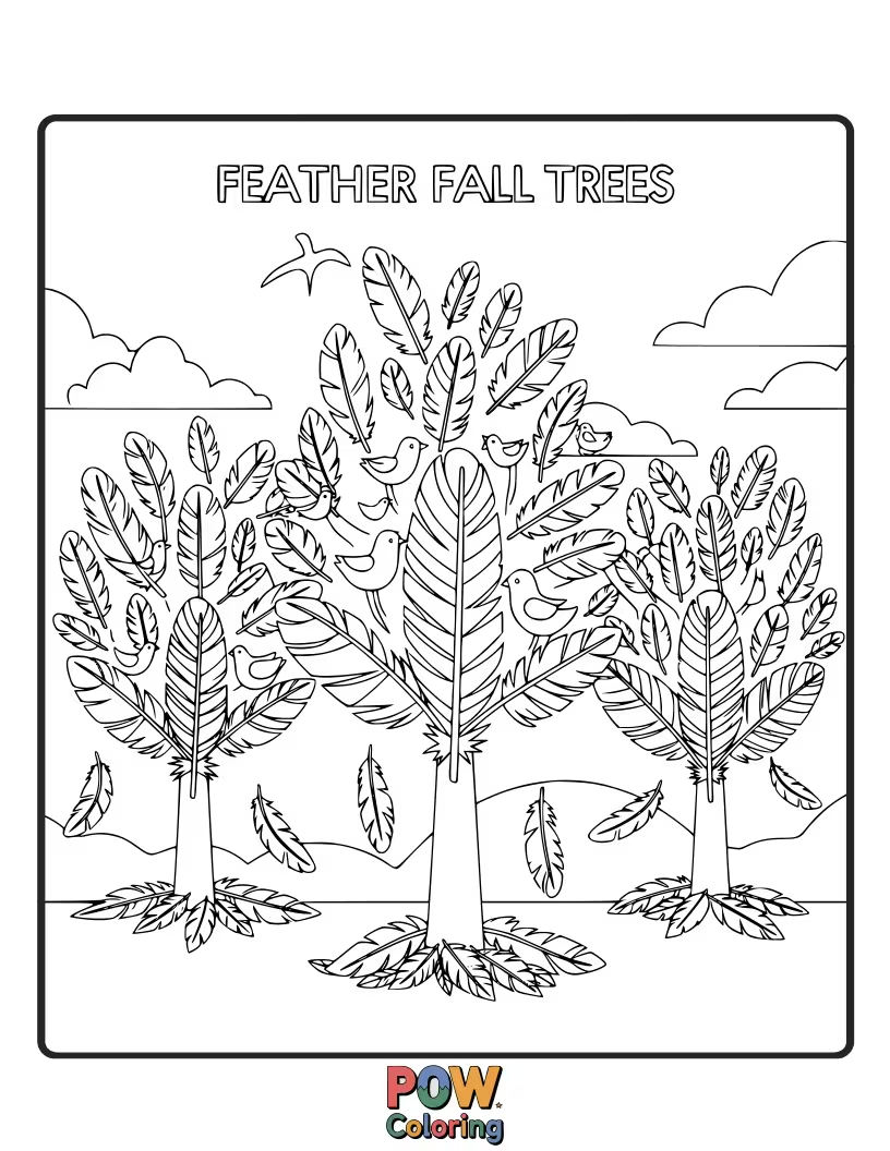 Free coloring page of Trees with light, airy leaves that look like falling feathers, creating a gentle, ethereal effect.
