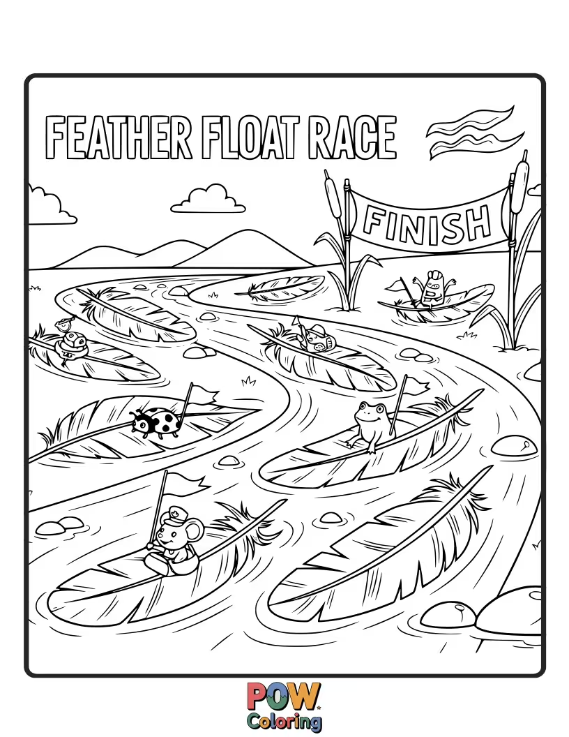 Free coloring page of Light and airy feathers are gracefully floating and drifting in a gentle, ethereal race.