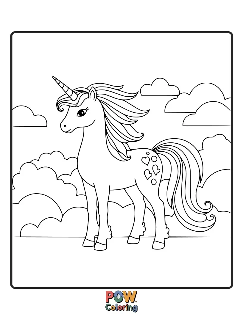Free coloring page of Graceful unicorn with soft feathers adorning its mane and tail, gently drifting.