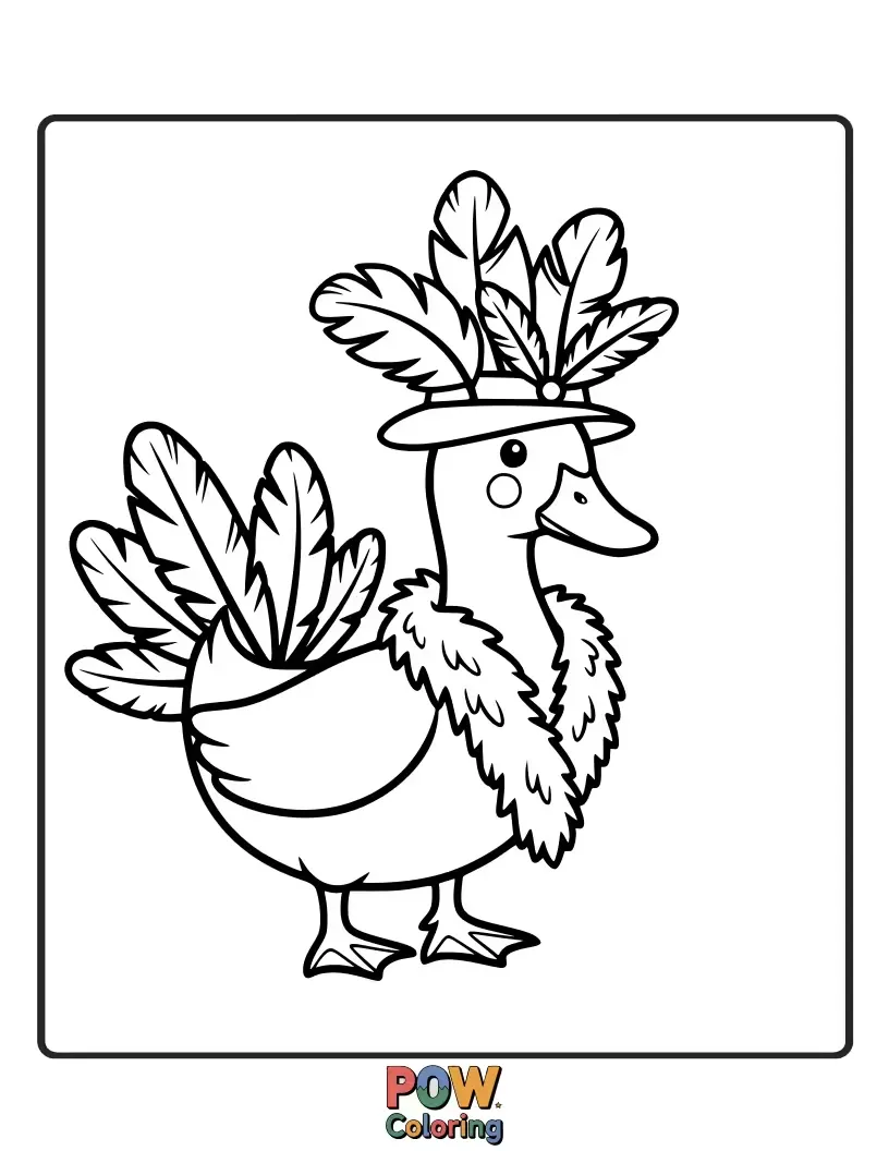 Free coloring page of A stylish duck showcasing an elaborate, whimsical outfit with hats and accessories.