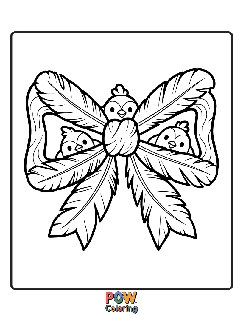 Free coloring page of A whimsical bow adorned with colorful, stylized feathers and a cheerful bird perched on top, a vibrant avian delight.