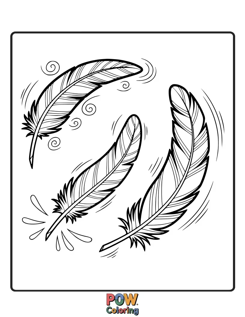 Free coloring page of A whimsical collection of feathers twirling and swirling in a gentle breeze, creating a playful and energetic scene.