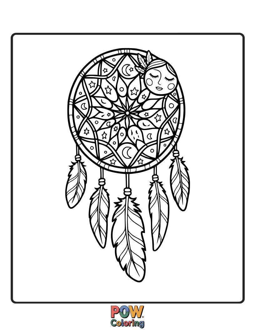 Free coloring page of A feather delicately woven into a dreamcatcher, symbolizing good dreams and a serene atmosphere to color.