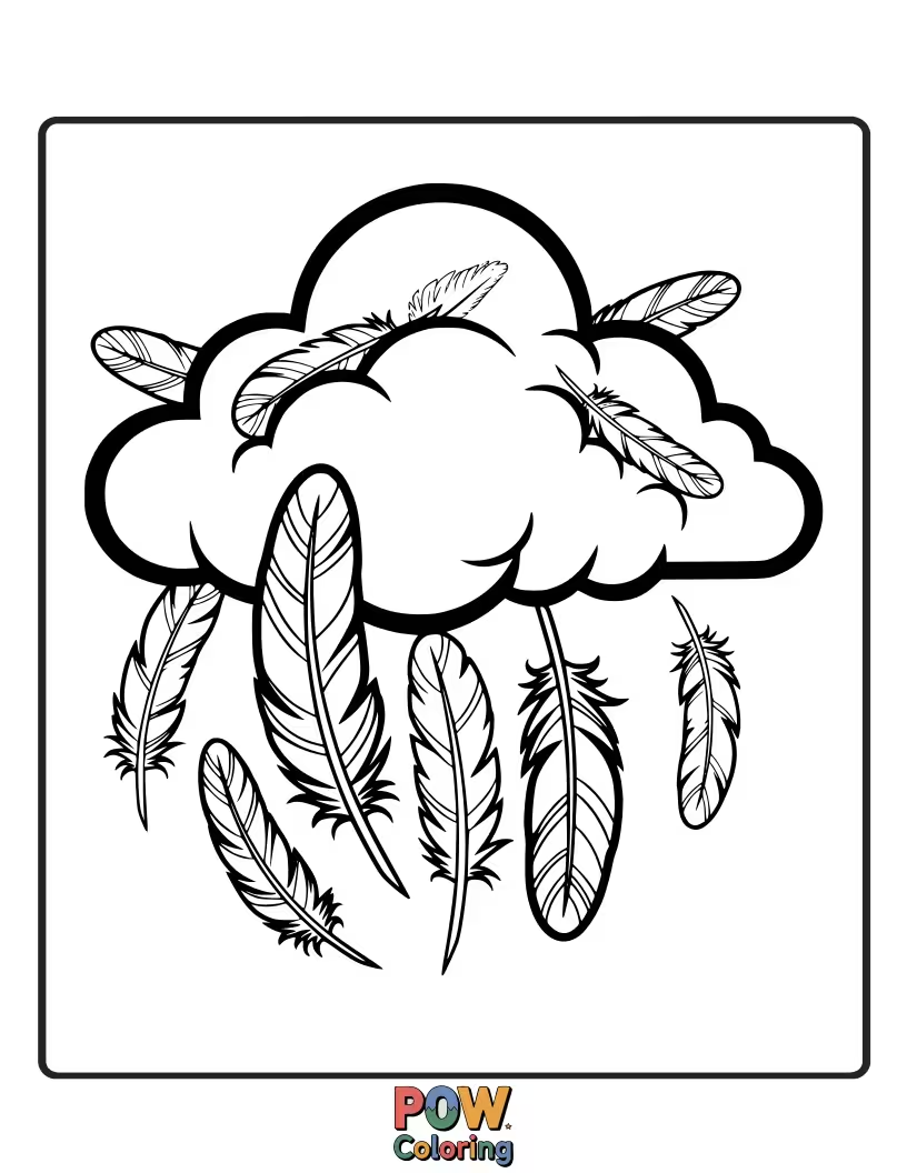 Free coloring page of Soft, fluffy feathers nestled on a dreamy cloud, perfect for a peaceful and imaginative coloring experience.