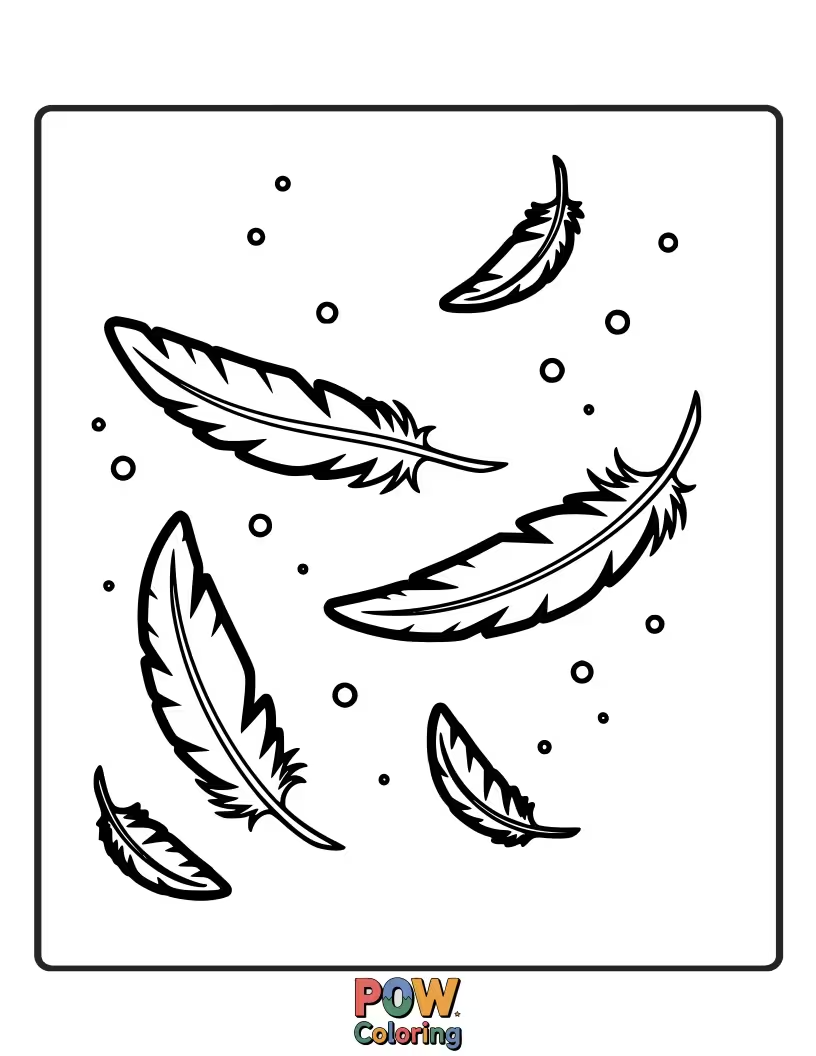 Free coloring page of A single feather gracefully drifting down from the sky, conveying a sense of peace and effortless movement.