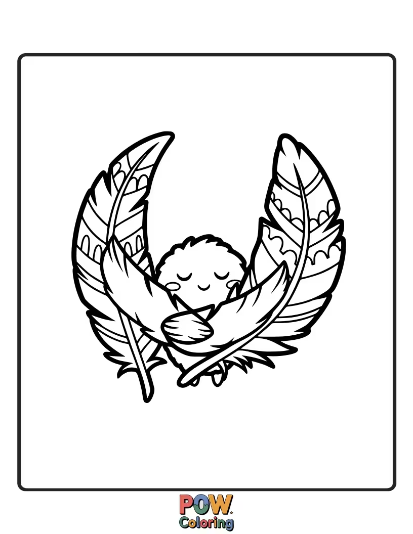 Free coloring page of Two feathers intertwined in a sweet, gentle hug, symbolizing friendship and warmth, perfect for a heartwarming picture.