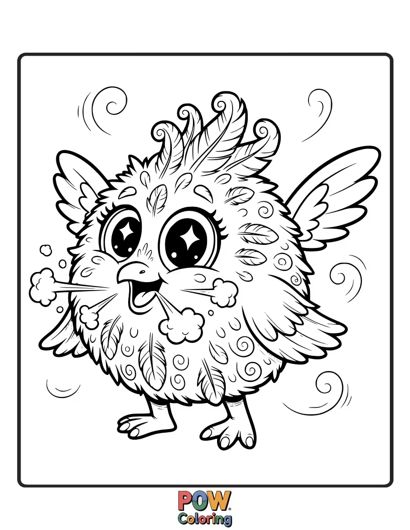 Free coloring page of A round, fluffy feather that looks like it’s about to burst with giggles, adding a touch of lighthearted fun.