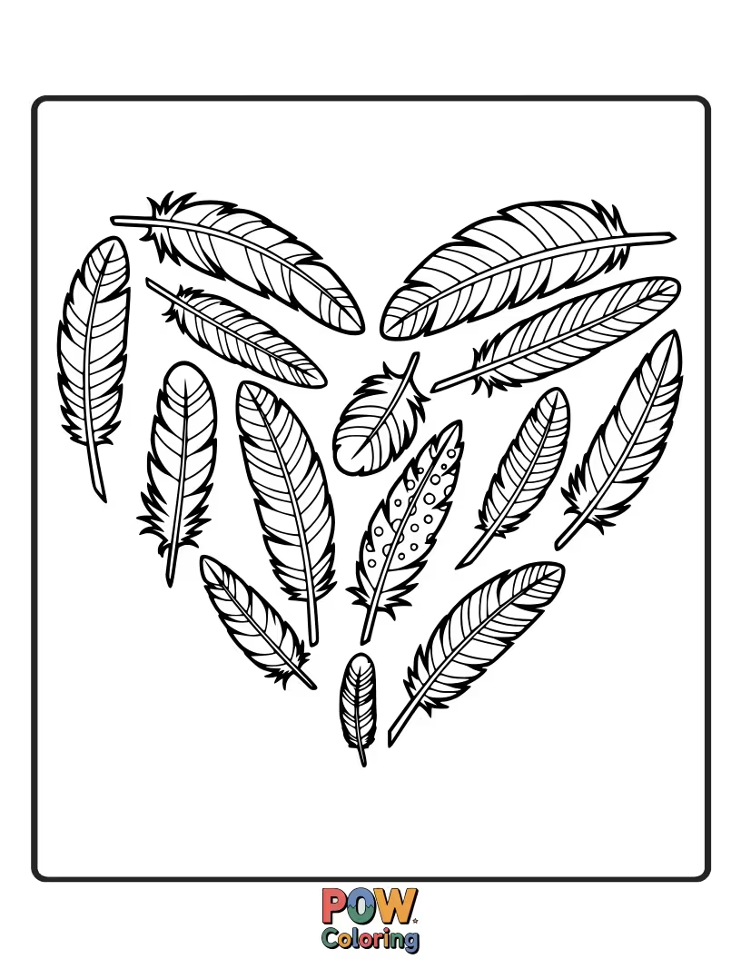 Free coloring page of A cluster of soft feathers artfully arranged to form a beautiful, simple heart shape, perfect for expressing love.