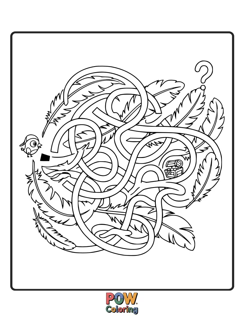 Free coloring page of A simple maze formed by the outlines of feathers, leading to a hidden feather at its center.