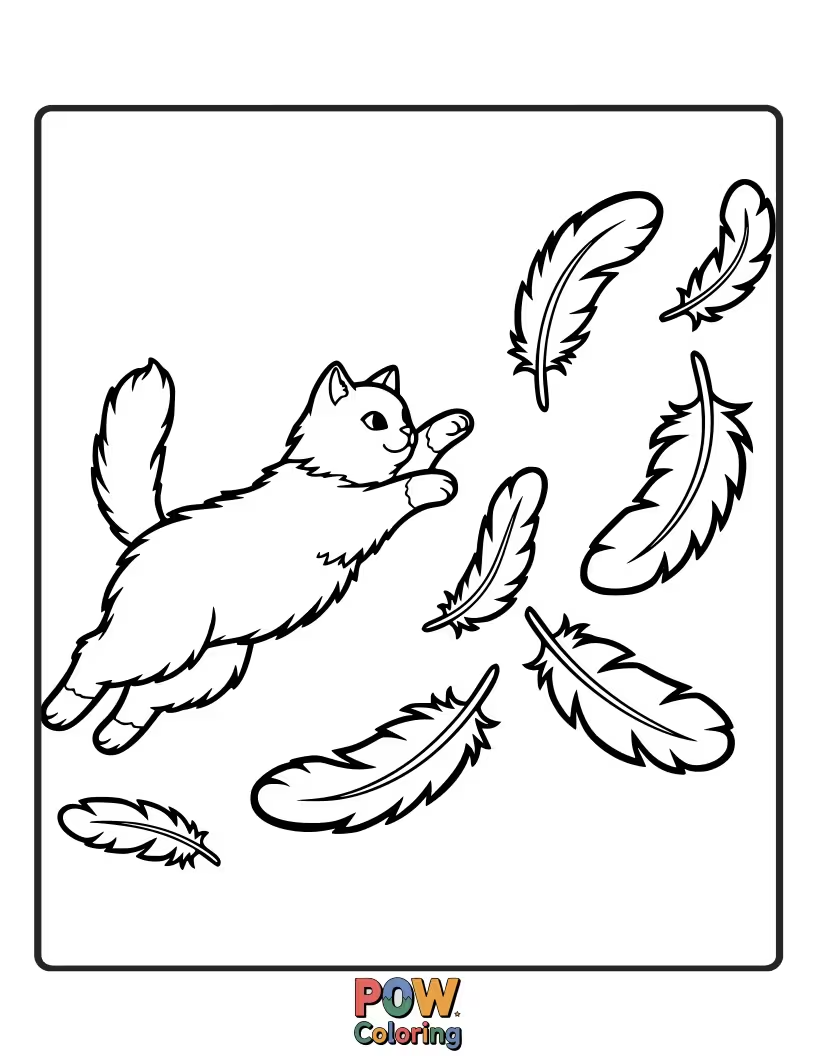 Free coloring page of A feather depicted mid-pounce, with dynamic lines suggesting playful energy and a touch of mischief.