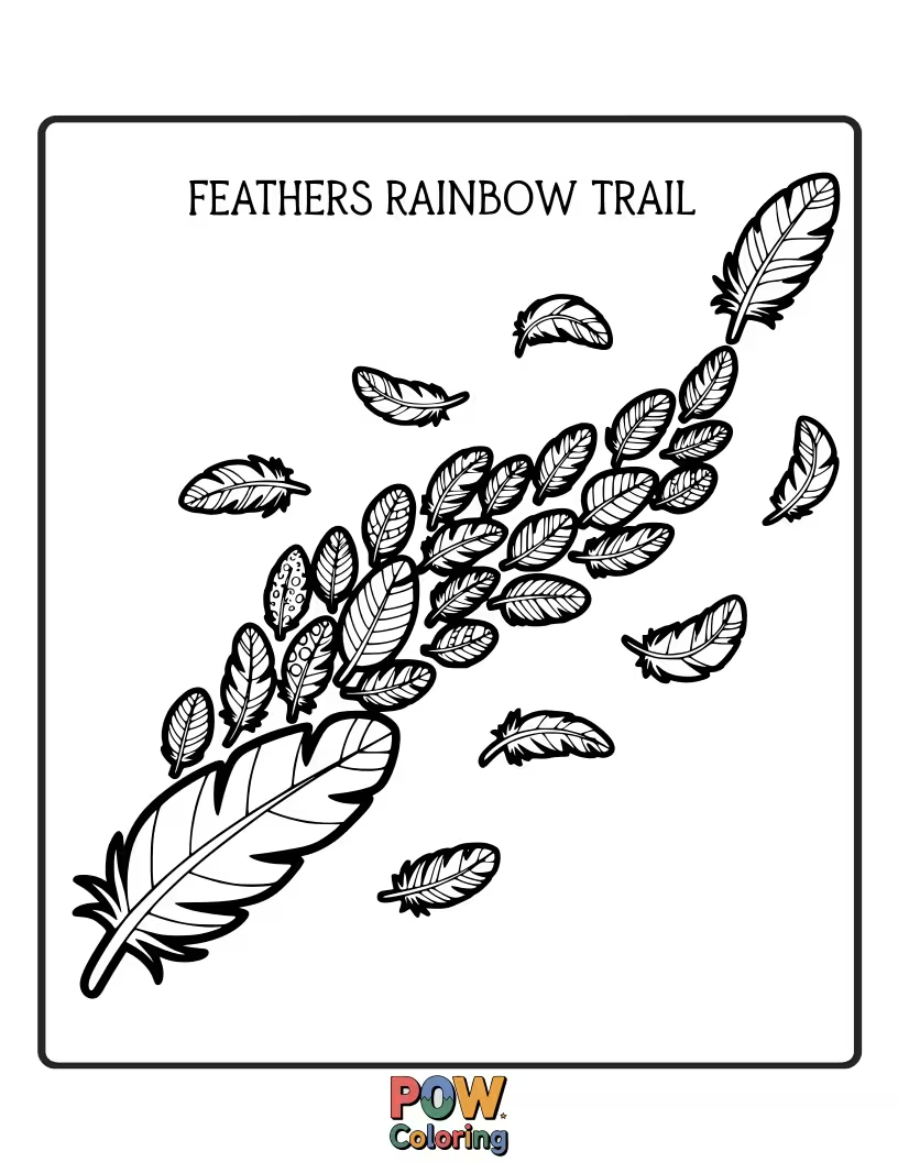 Free coloring page of A trail of colorful feathers arching gracefully, creating a vibrant and joyful, rainbow-like effect to color.