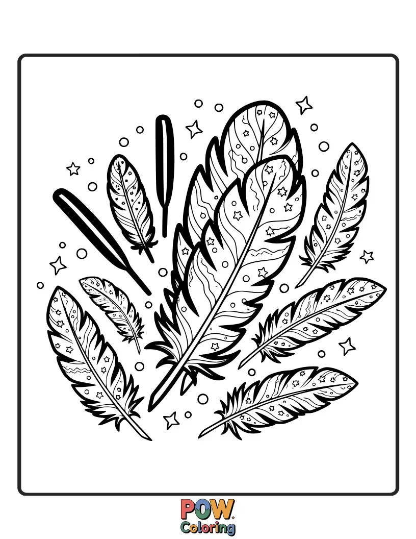 Free coloring page of A feather adorned with tiny, twinkling stars and subtle glitter lines, ready to be colored with shimmering magic.